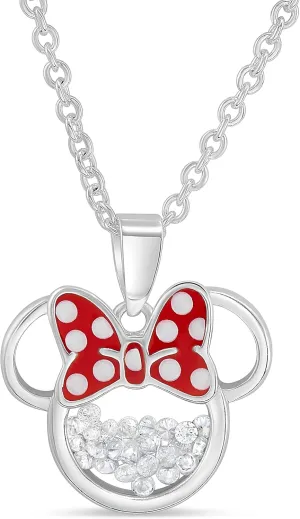 Disney Women and Birthstone Jewelry - Minnie Mouse Cubic Zirconia Shaker Pendant Necklace, Silver Plated, 18 2" Extender