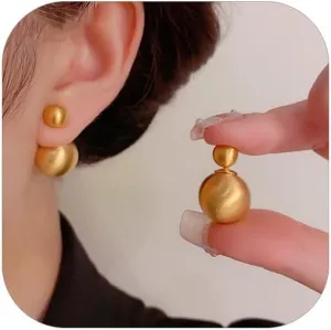 Douable Ball Stud Earrings, 14K Gold Brushed Matte Finish, Minimalist Fashion Classic Trendy Women's Jewelry Gift