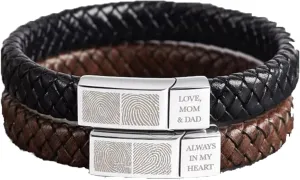 Drawelry Personalized Leather Men's Bracelet, Customized Fingerprint Photo Memorial Gift, Stainless Steel Elements Braided Bracelet, Designer Jewelry for Him Men Dad