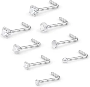 Dyknasz 22G 316L Stainless Steel Nose Screw Studs Rings Clear Diamond CZ Nostril L Shaped Piercing Pin Body Jewelry for Women Men 1.5mm 2mm 2.5mm 3mm