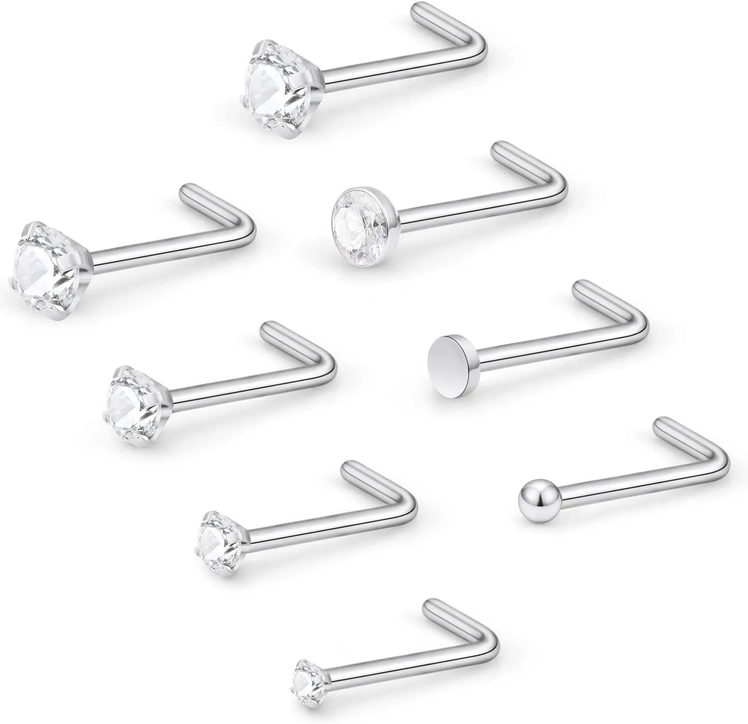 Dyknasz 22G 316L Stainless Steel Nose Screw Studs Rings Clear Diamond CZ Nostril L Shaped Piercing Pin Body Jewelry for Women Men 1.5mm 2mm 2.5mm 3mm