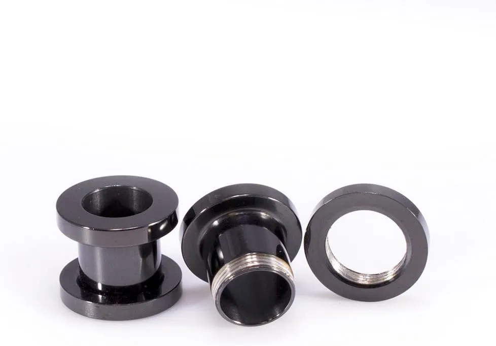 Ear Plugs Jewelry. Pair of Screw Ear Tunnels Black IP. Surgical Steel.