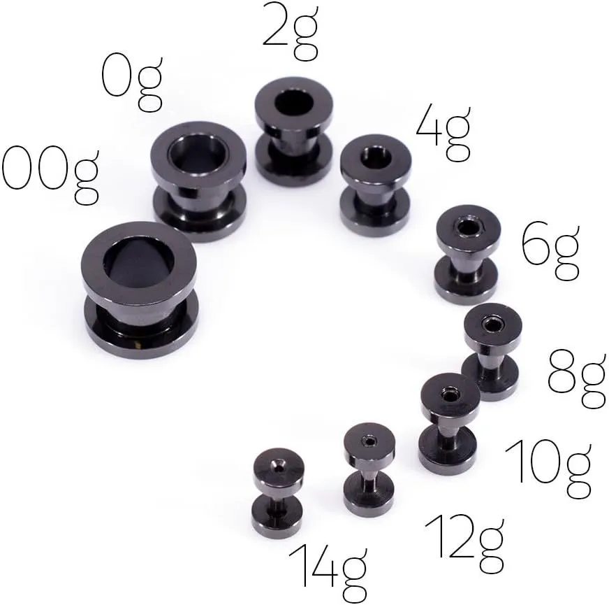 Ear Plugs Jewelry. Pair of Screw Ear Tunnels Black IP. Surgical Steel.