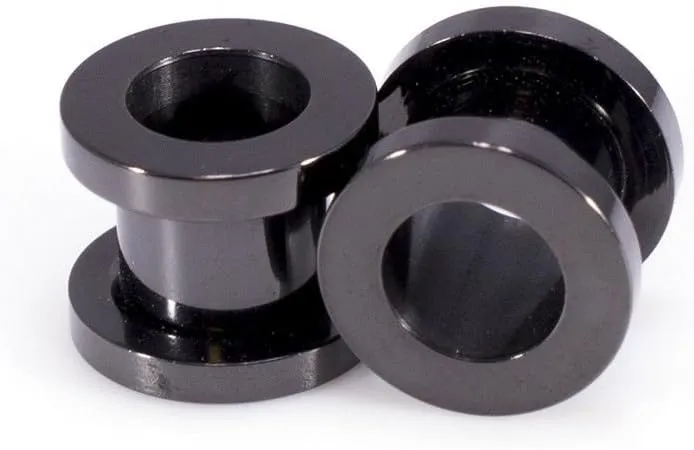 Ear Plugs Jewelry. Pair of Screw Ear Tunnels Black IP. Surgical Steel.