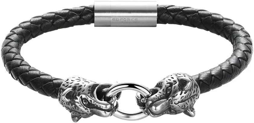 Edforce Stainless Steel Men's Panther Heads Braided Leather Bracelet Wristband