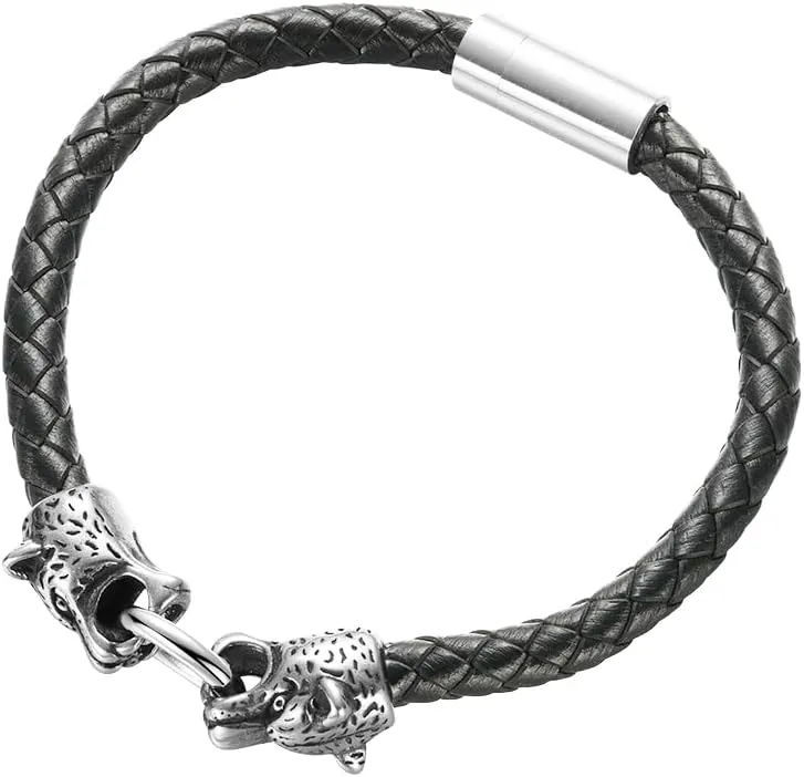 Edforce Stainless Steel Men's Panther Heads Braided Leather Bracelet Wristband