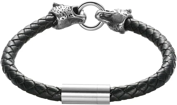 Edforce Stainless Steel Men's Panther Heads Braided Leather Bracelet Wristband