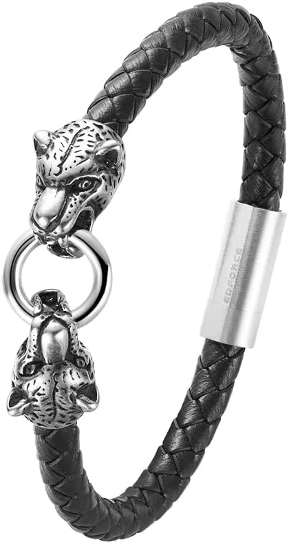 Edforce Stainless Steel Men's Panther Heads Braided Leather Bracelet Wristband