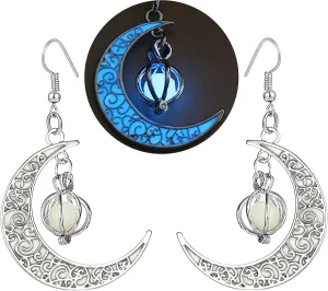 EEQQBZ Glow in The Dark Silver Crescent Moon Earrings - Glowing Blue Moon Charm - Magical Fantasy Fairy Glowing Earrings - Glow Jewelry