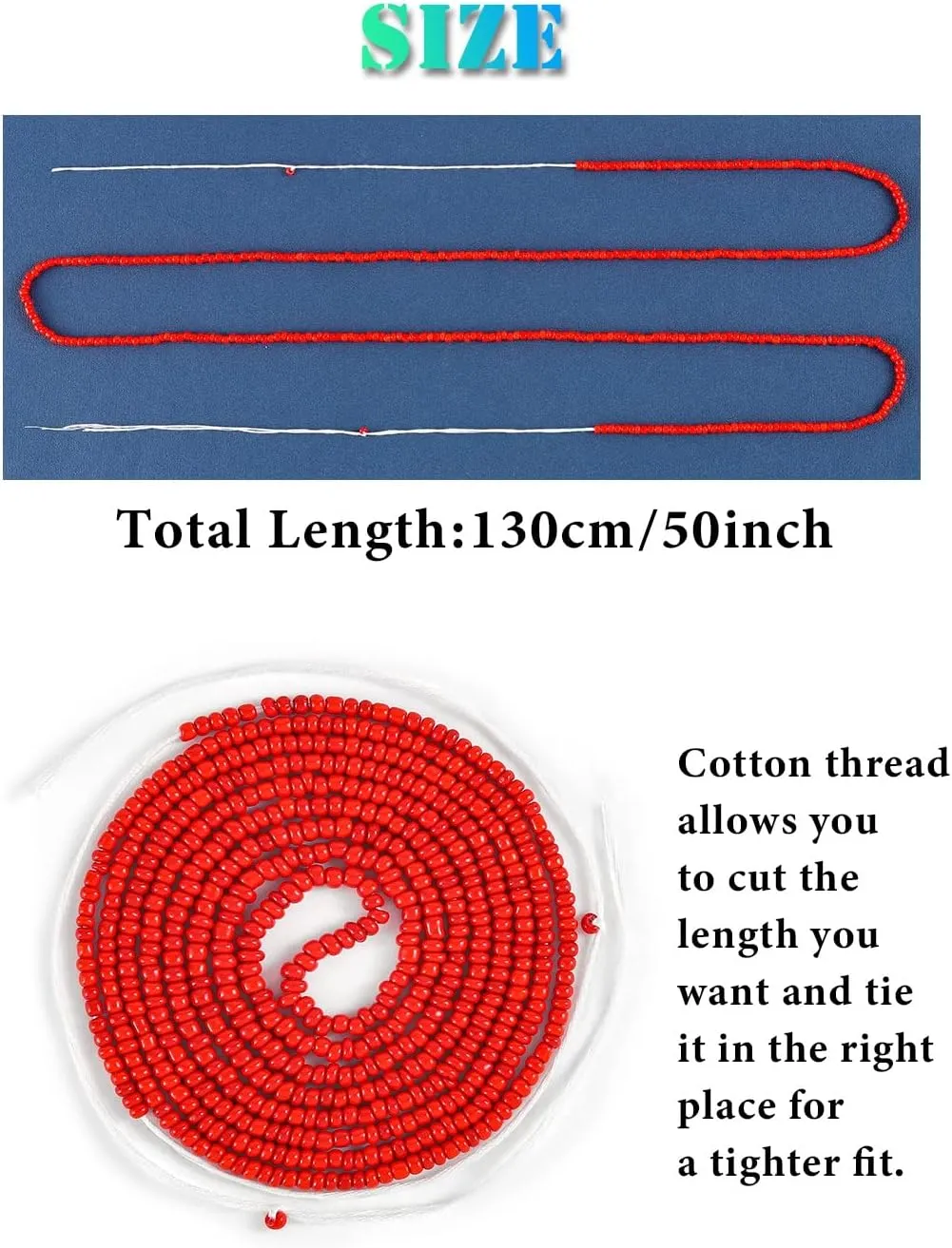 ELABEST 50inch Plus Size African Waist Beads Belly Chain Non-Stretching Tie-on Bead Jewelry Accessories for Women and Girls