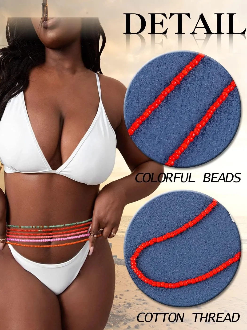 ELABEST 50inch Plus Size African Waist Beads Belly Chain Non-Stretching Tie-on Bead Jewelry Accessories for Women and Girls