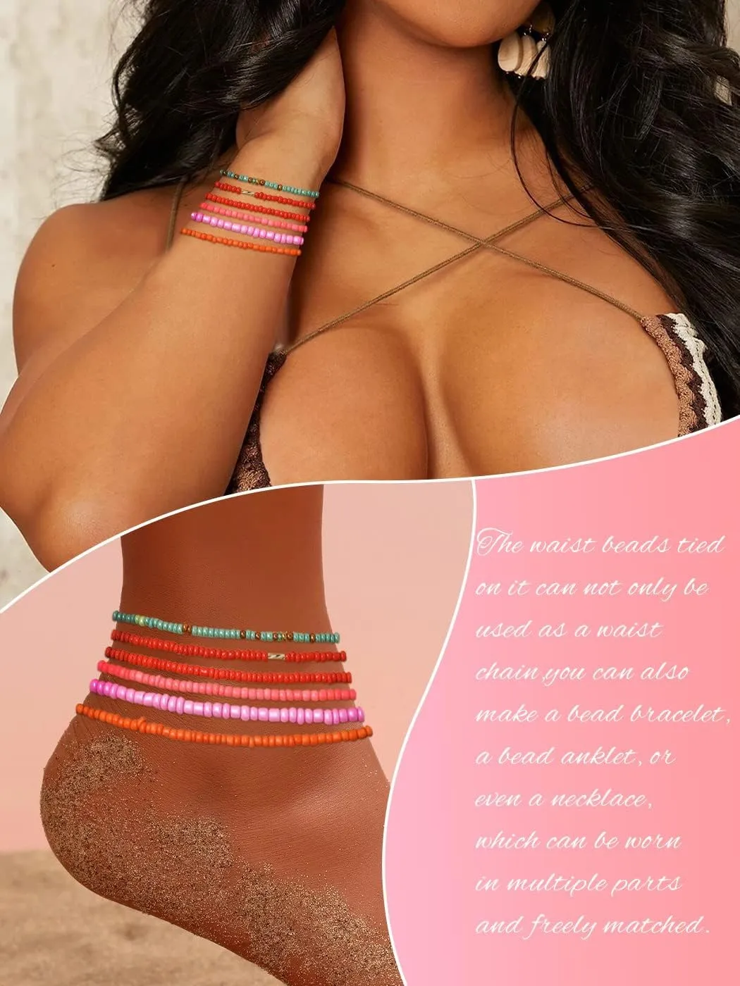 ELABEST 50inch Plus Size African Waist Beads Belly Chain Non-Stretching Tie-on Bead Jewelry Accessories for Women and Girls