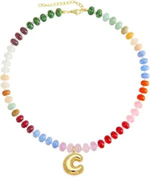 Elegant Boho Colorful Beaded Necklace with Gold Bubble Letter A-Z Pendant,Handmade Trendy Summer Beach Initial Necklace Chain,14K Gold-Plated Natural Stone Choker, Perfect Festival Jewelry Gift for Women