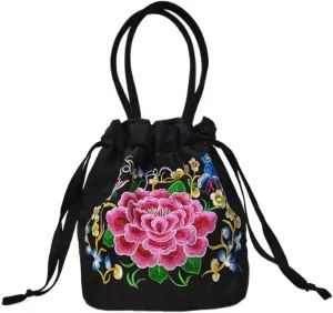 Embroidered Women Floral Handbags Silk Brocade Drawstring Jewelry Pouch Bag Women Purse Wallets Bucket Bag Vintage Hobo Tote Bag