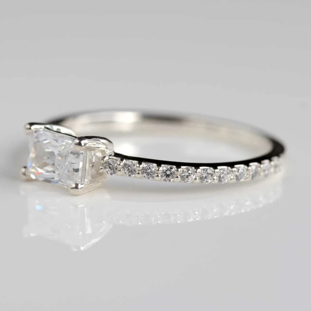 Emerald Cut East-West Basket Pave Engagement Ring