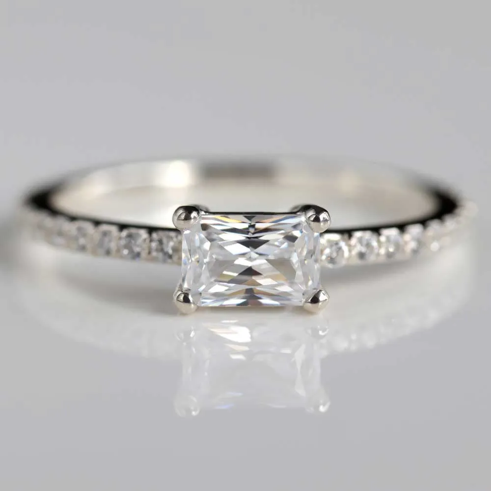 Emerald Cut East-West Basket Pave Engagement Ring