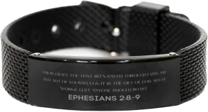 Ephesians 2:8-9 Christian Black Shark Mesh Bracelet Gifts, Faith Message Prayer Ephesians 2:8-9 Religious Bracelets for Women Men Ephesians 2:8-9 Bible Verse Inspirational Mantra Adjustable Brace