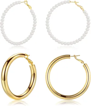 EPIRORA Gold Hoop Earrings Set for Women, Hypoallergenic 18k Gold Plated Sterling Silver Large Chunky Hoops Pearl Earrings Jewelry for Her, 20-50MM