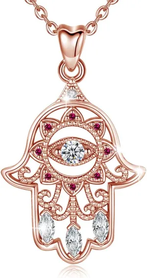 EUDORA Sterling Silver Hamsa Necklace Good Luck Vintage Fatima Hand Evil Eye Pendant, 18" Chain (Rose Gold)