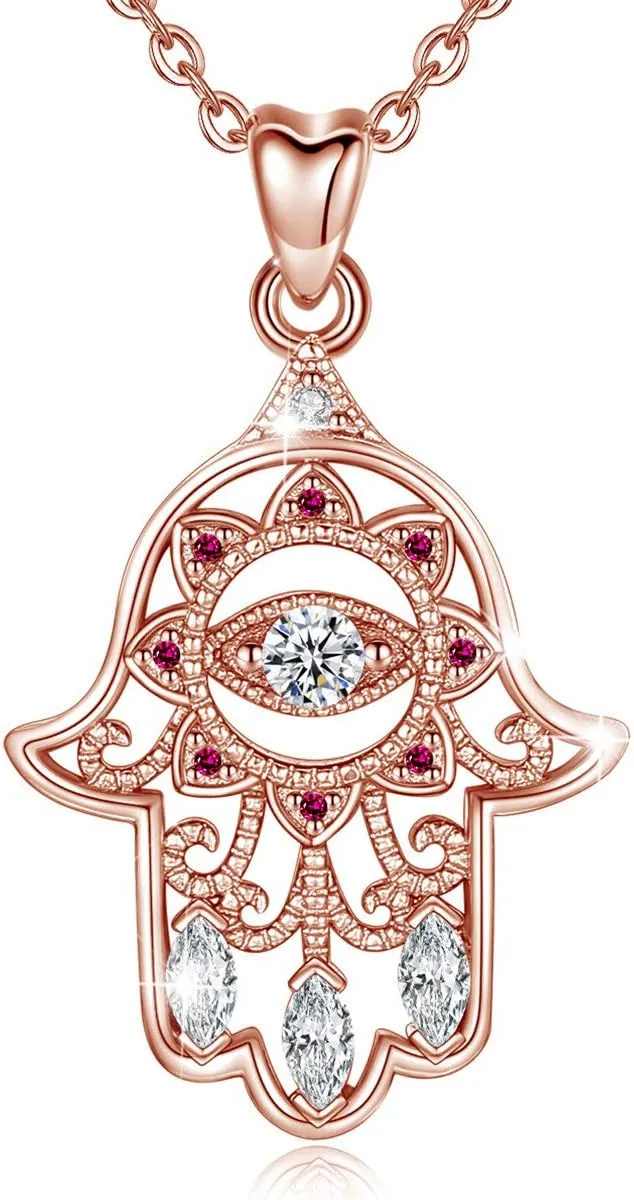 EUDORA Sterling Silver Hamsa Necklace Good Luck Vintage Fatima Hand Evil Eye Pendant, 18" Chain (Rose Gold)