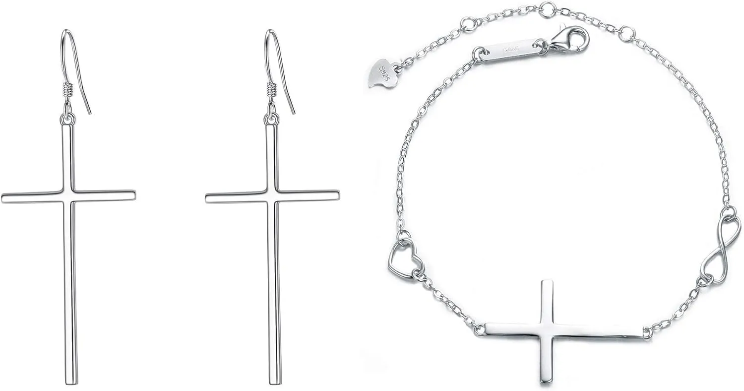EVER FAITH 925 Sterling Silver Jewerly Set Religious Classic Cross Bracelet Hook Dangle Earrings For Woman Girls