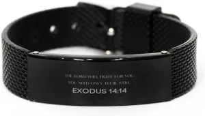 Exodus 14:14 Christian Black Shark Mesh Bracelet Gifts, Faith Message Prayer Exodus 14:14 Religious Bracelets for Women Men Exodus 14:14 Bible Verse Inspirational Mantra Adjustable Bracelet Power of