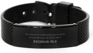 Exodus 15:2 Christian Black Shark Mesh Bracelet Gifts, Faith Message Prayer Exodus 15:2 Religious Bracelets for Women Men Exodus 15:2 Bible Verse Inspirational Mantra Adjustable Bracelet Power of