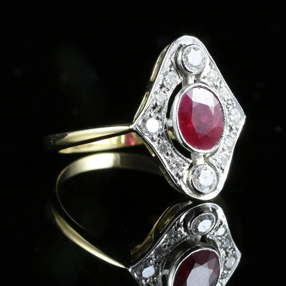 Fabulous 0.75Ct Ruby Old Cut Diamond Oval Cluster 18Ct Ring