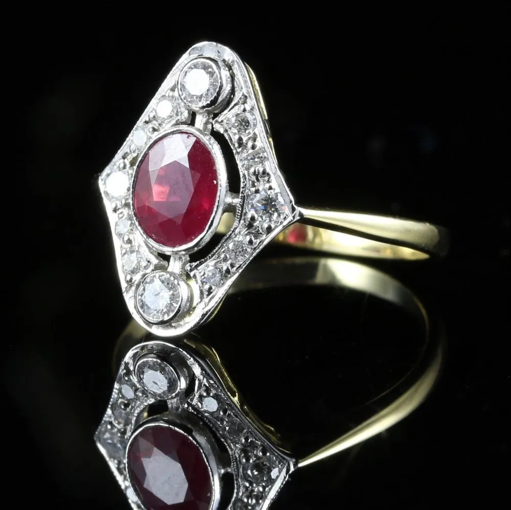 Fabulous 0.75Ct Ruby Old Cut Diamond Oval Cluster 18Ct Ring