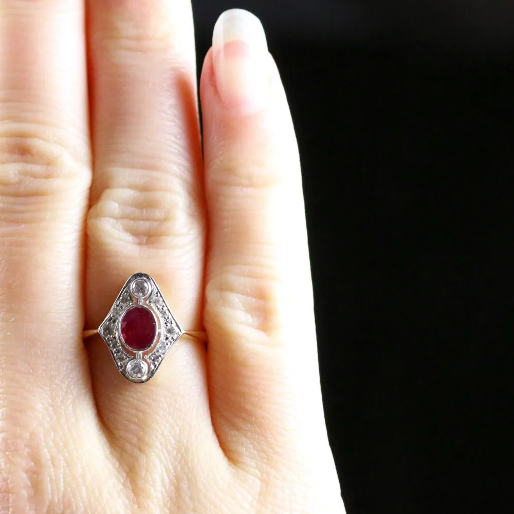 Fabulous 0.75Ct Ruby Old Cut Diamond Oval Cluster 18Ct Ring