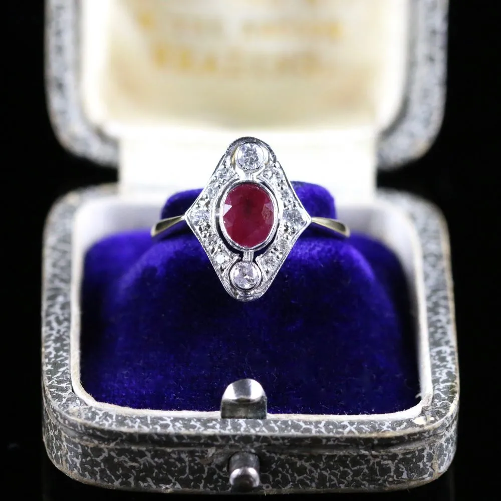 Fabulous 0.75Ct Ruby Old Cut Diamond Oval Cluster 18Ct Ring