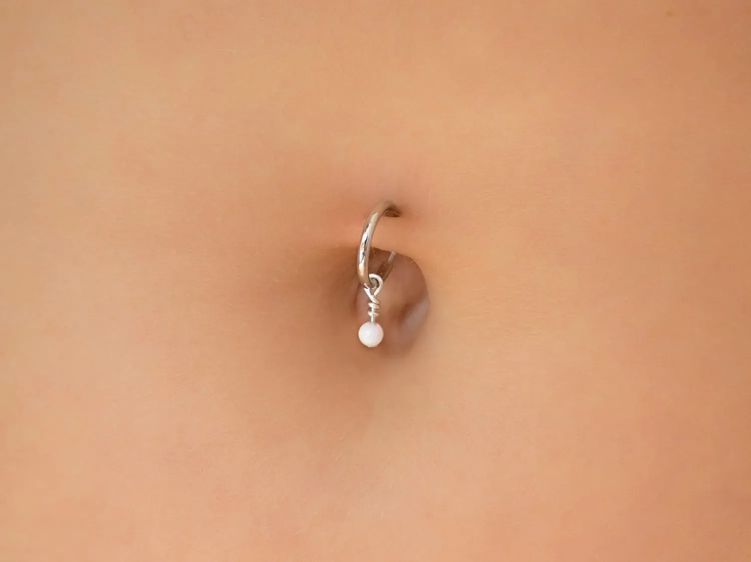 Fake Belly Piercing Clip On Navel Ring with Opal Charm - No Piercing Belly Ring - Fake Body Jewelry (Silver   Pink Opal)