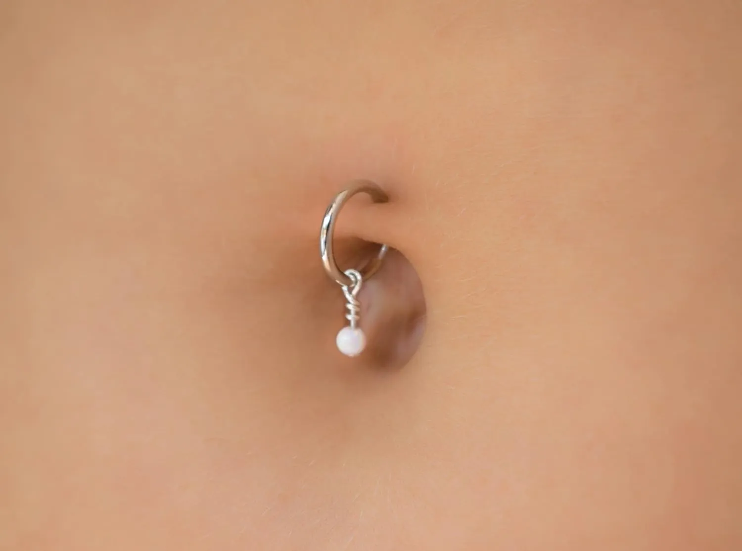Fake Belly Piercing Clip On Navel Ring with Opal Charm - No Piercing Belly Ring - Fake Body Jewelry (Silver   Pink Opal)