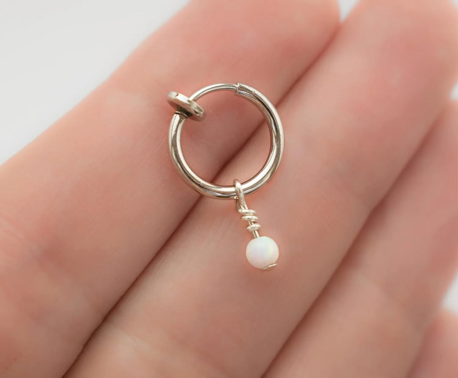 Fake Belly Piercing Clip On Navel Ring with Opal Charm - No Piercing Belly Ring - Fake Body Jewelry (Silver   Pink Opal)