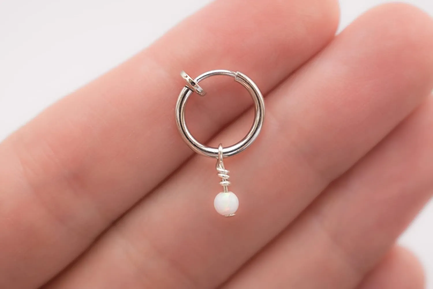 Fake Belly Piercing Clip On Navel Ring with Opal Charm - No Piercing Belly Ring - Fake Body Jewelry (Silver   Pink Opal)