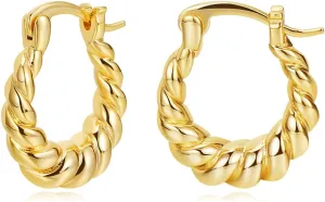 FAMARINE 14K Gold Plated Twisted Hoop Earrings for Women Small Gold Hoops Chunky Earrings Gift