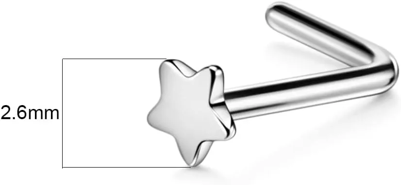 FANSING 20g Nose Rings L Shaped Nose Stud Surgical Steel Nose Studs for Women Men Star Nose Rings Studs 20 Gauge Nostril Piercing Jewelry 1 Piece