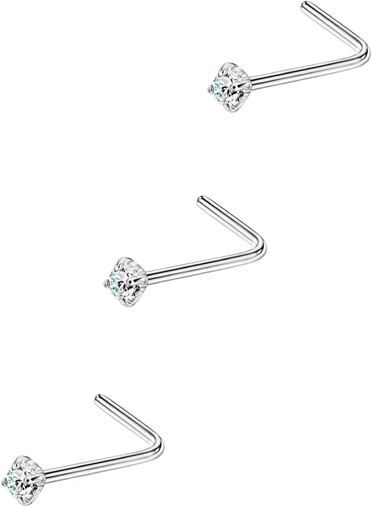 FANSING 3 Pieces CZ Nose Studs L Shape Nose Rings Studs for Women Surgical Steel Nostril Piercing Jewelry