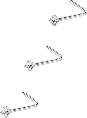 FANSING 3 Pieces CZ Nose Studs L Shape Nose Rings Studs for Women Surgical Steel Nostril Piercing Jewelry
