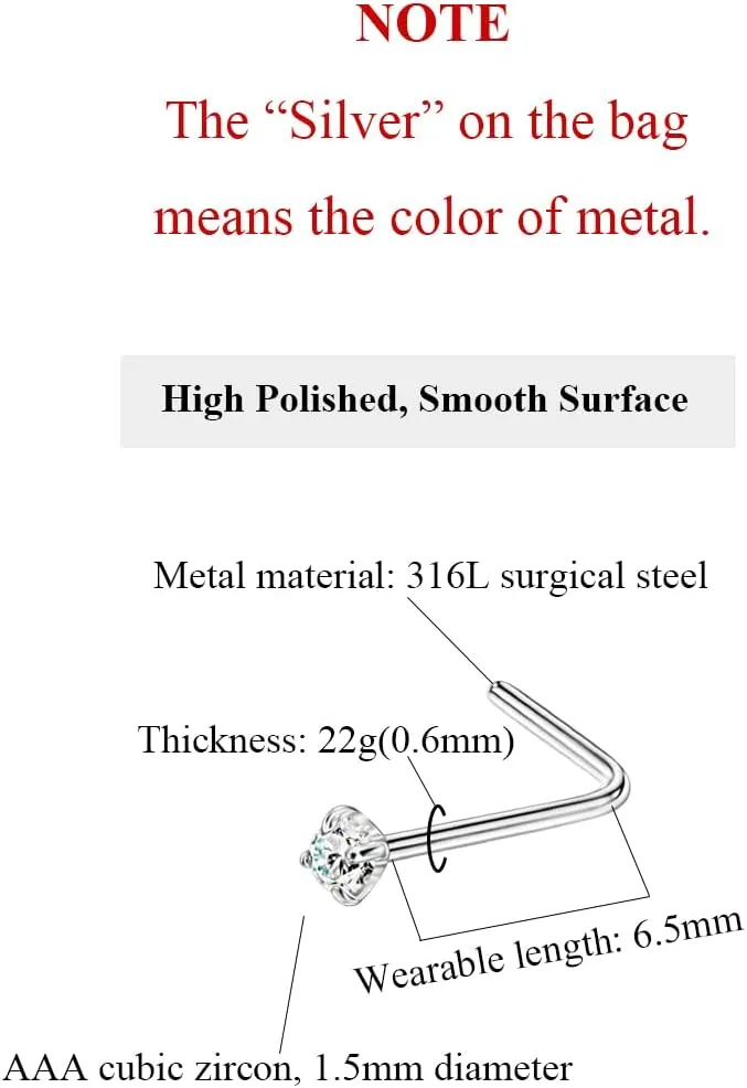 FANSING 3 Pieces CZ Nose Studs L Shape Nose Rings Studs for Women Surgical Steel Nostril Piercing Jewelry