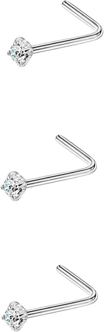 FANSING 3 Pieces CZ Nose Studs L Shape Nose Rings Studs for Women Surgical Steel Nostril Piercing Jewelry