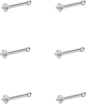 FANSING Nose Rings Studs for Women Men Surgical Steel Nose Bone CZ Nose Studs Straight Nose Ring Nostril Piercing Jewelry 6 Pieces