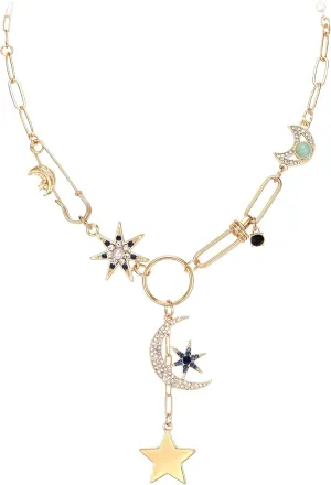 FANZE Charm Evil Eye Pendant Necklace for Women, Crystal Rhinestone Chunky Gold Paperclip Chain Adjustable, Engraved Round Coin Flower Starfish, Dainty Luck Amulet Jewelry Gift