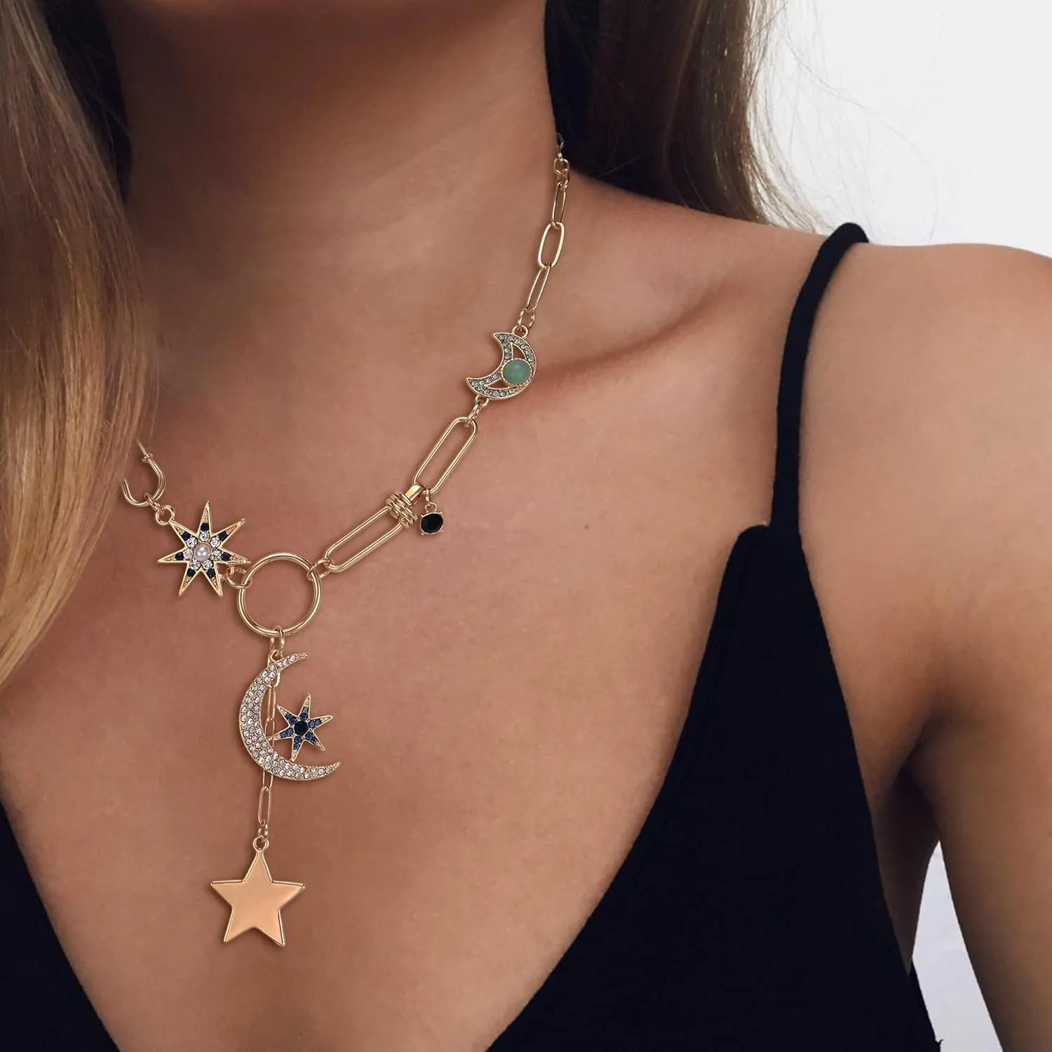FANZE Charm Evil Eye Pendant Necklace for Women, Crystal Rhinestone Chunky Gold Paperclip Chain Adjustable, Engraved Round Coin Flower Starfish, Dainty Luck Amulet Jewelry Gift
