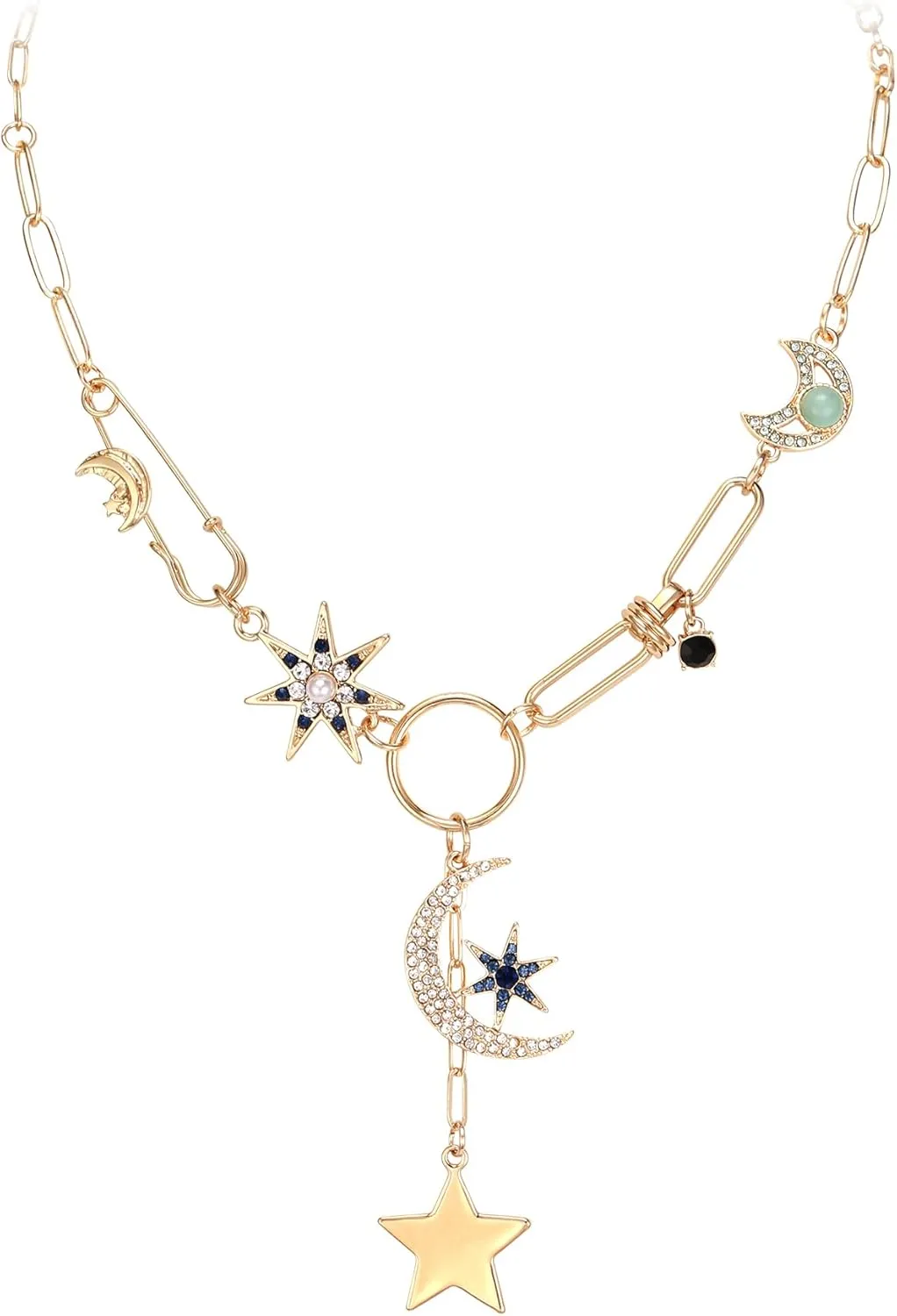 FANZE Charm Evil Eye Pendant Necklace for Women, Crystal Rhinestone Chunky Gold Paperclip Chain Adjustable, Engraved Round Coin Flower Starfish, Dainty Luck Amulet Jewelry Gift