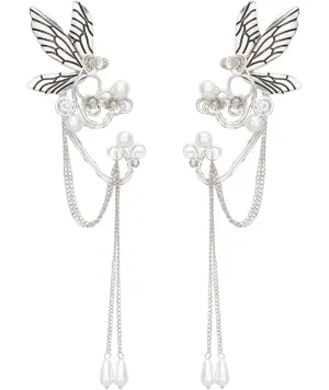 Fariy Wing Ear Cuffs for Women, Handmade Butterfly Dragonfly Wings Pearls Tassel Earrings