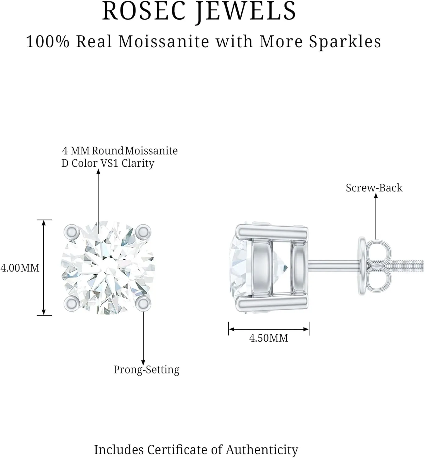 Fathersday gift ideas, Moissanite Stud Earrings, D Color, VS1 Clarity - Classic Round Cut - Gold Plated Silver, Screw Back - Ready To Gift
