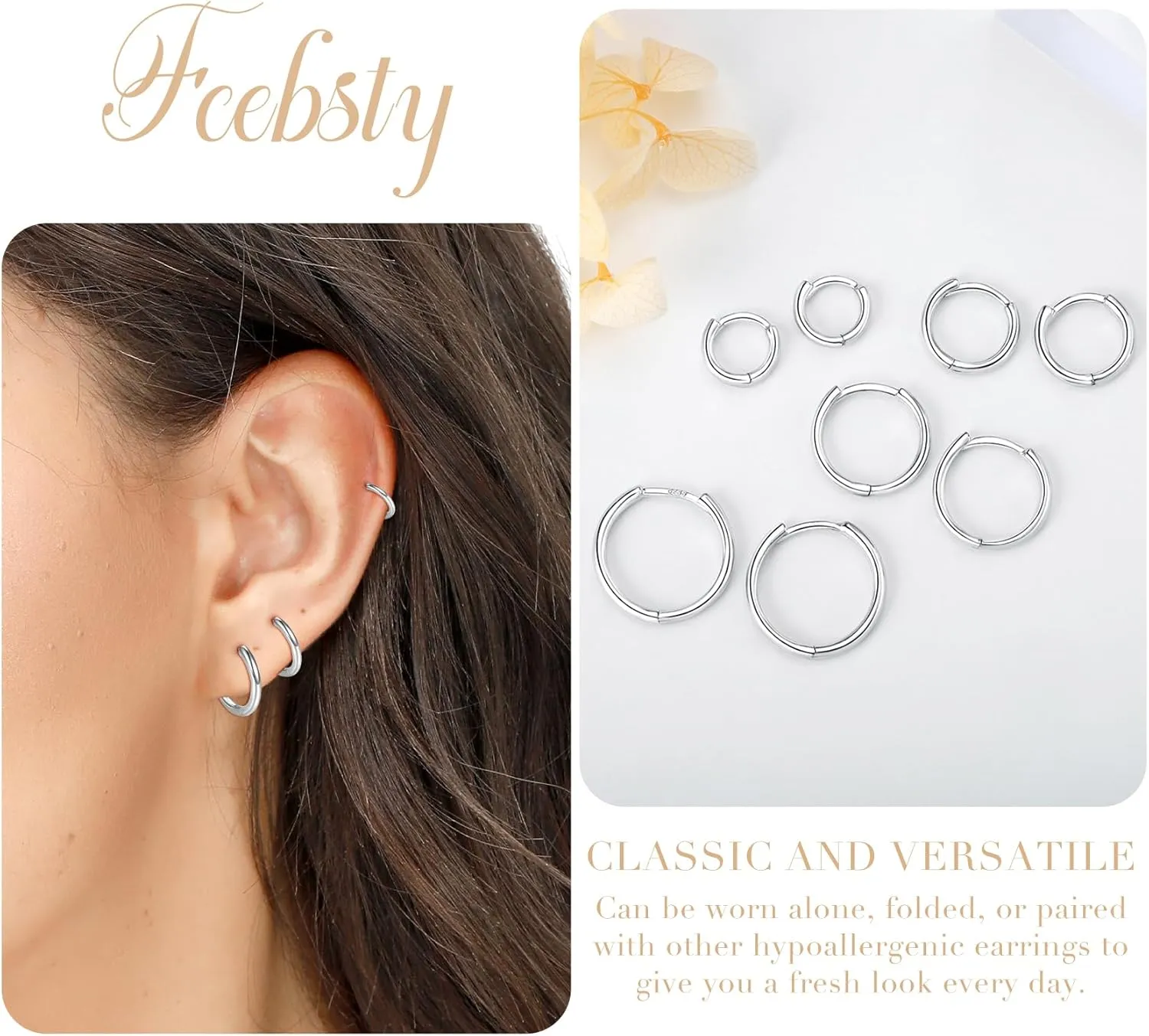Fcebsty 4 Pairs Small Silver/Gold Hoops Earrings Set for Women Lightweight Earrings for Multiple Piercings Cartilage Helix Huggie Hoop Pack for Women Men