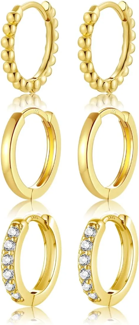 Fcebsty Small Gold Huggie Hoop Earrings Set,3 Pairs Small Gold Hoops Earrings Set Hypoallergenic Lightweight Huggie Gold Hoops Earrings for Women (10mm*3)