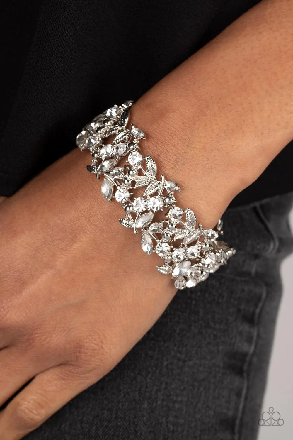 Feathered Finesse White Rhinestone Bracelet - Paparazzi Accessories